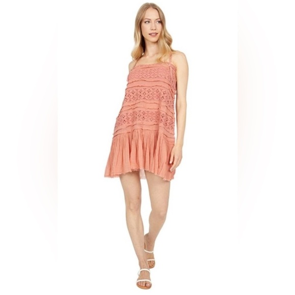 Free People Shailee Mini Slip Dress By FP One Coral Square Neck Bohemian Size S - Picture 2 of 15